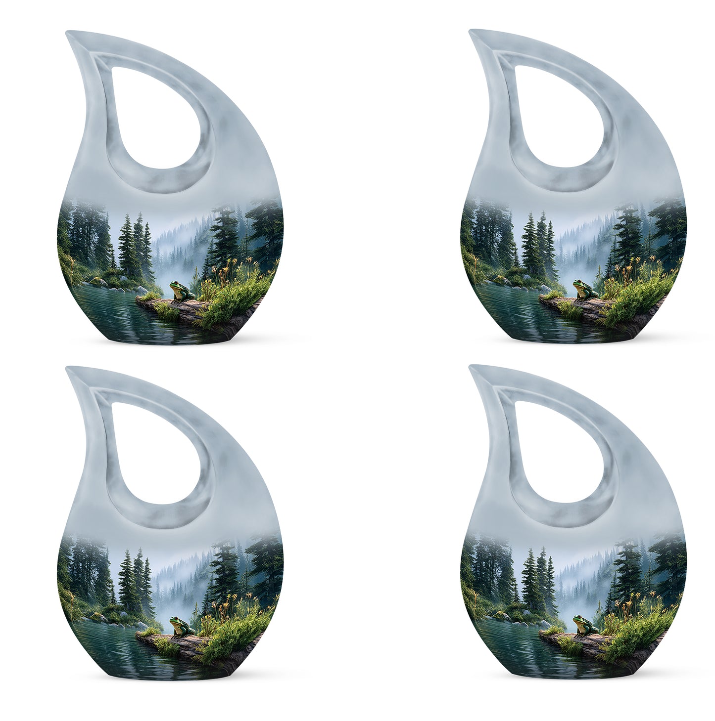 Gleaming Silver Frog Cremation Urn lifestyle display on memorial shelf - cross and frog combined in spiritual memorial design - 10 inch aluminum urn for cremated remains