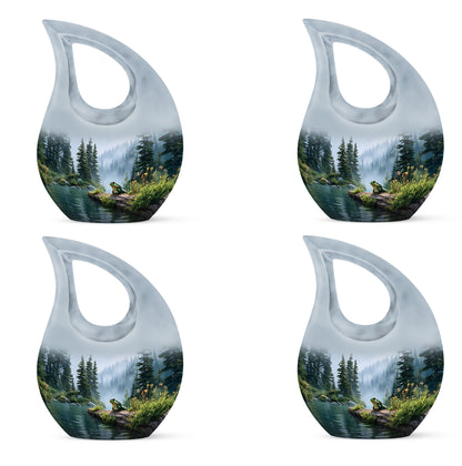 Gleaming Silver Frog Cremation Urn lifestyle display on memorial shelf - cross and frog combined in spiritual memorial design - 10 inch aluminum urn for cremated remains