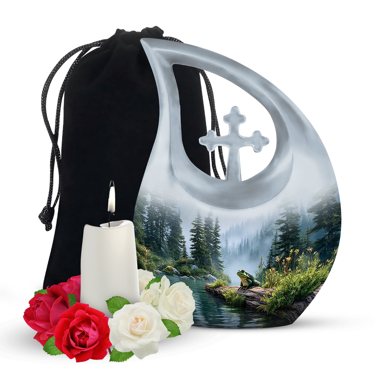Platinum Silver Frog Cremation Urn top-down view of secure threaded lid - cross and frog combined in spiritual memorial design - full-size 10 inch 200 cubic inch adult cremation urn