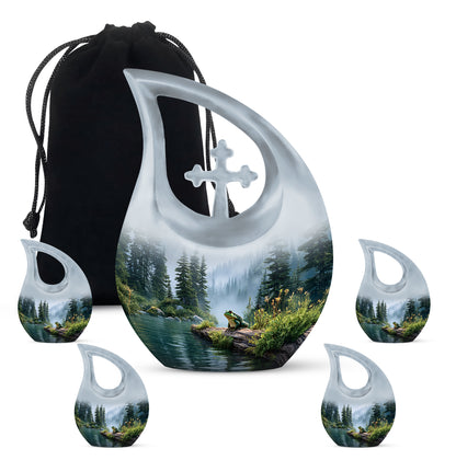 Polished Silver Frog Cremation Urn urn with complimentary velvet bag - devotional cross-drop frog engraving - memorial set with one large and four small urns