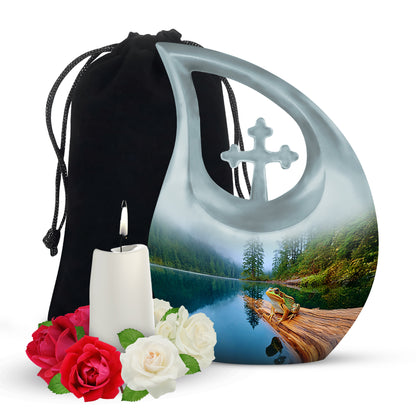 Navy Blue Frog Cremation Urn top-down view of secure threaded lid - cross and frog combined in spiritual memorial design - full-size 10 inch 200 cubic inch adult cremation urn