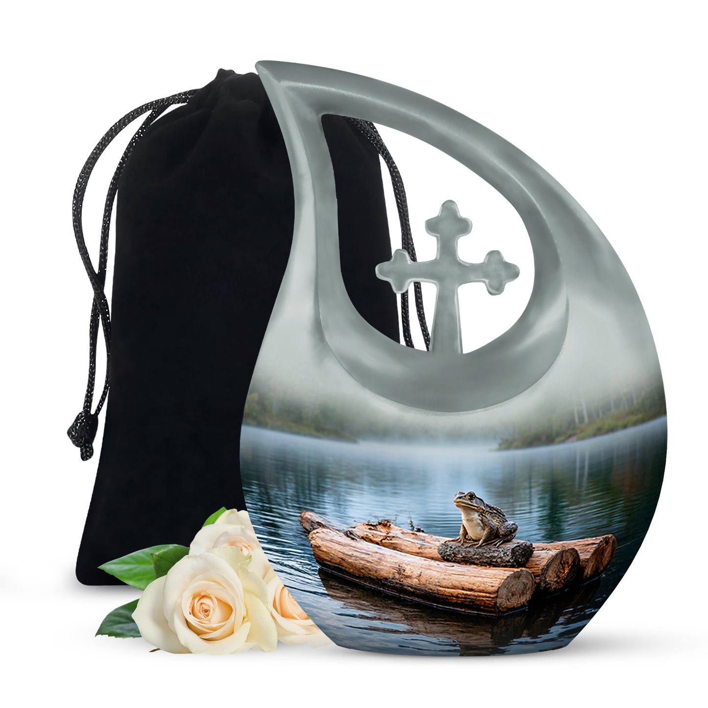 Chrome Silver Frog Cremation Urn top-down view of secure threaded lid - devotional cross-drop frog engraving - full-size 10 inch 200 cubic inch adult cremation urn