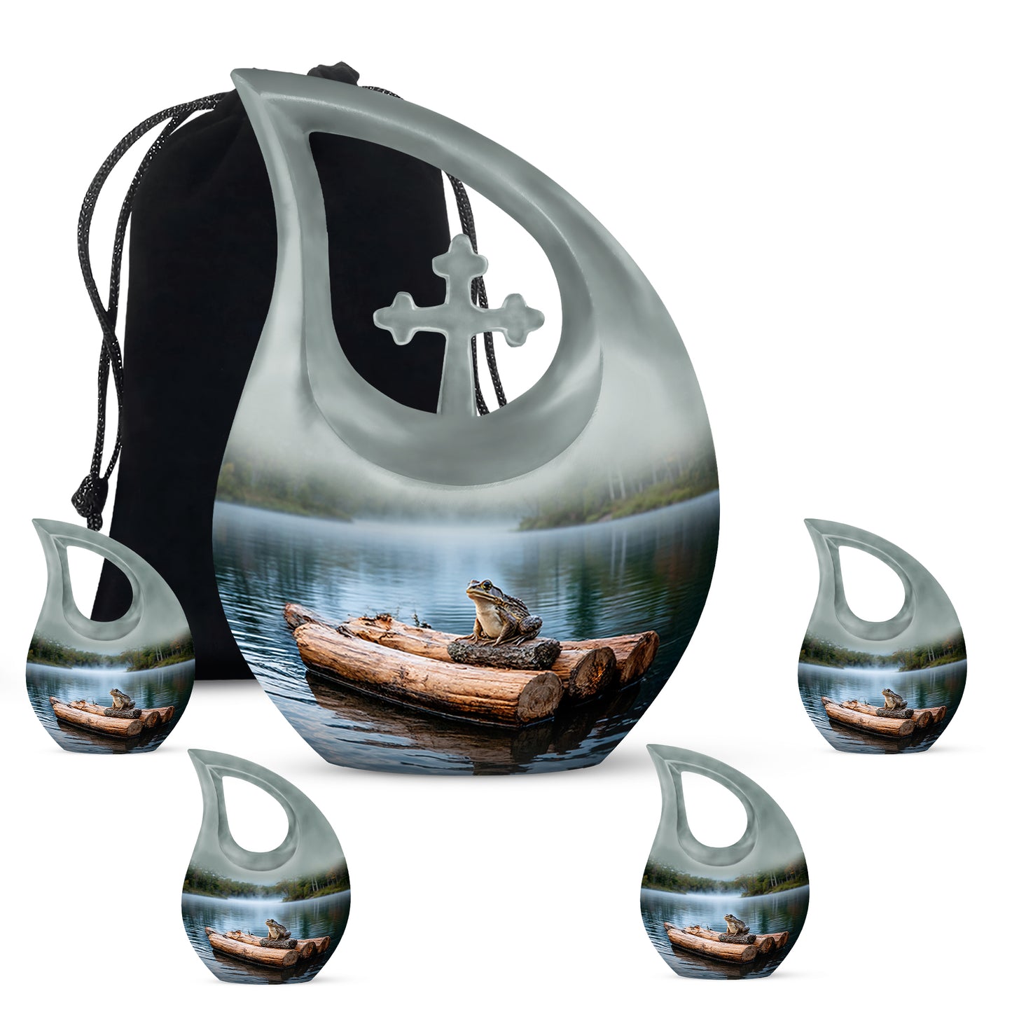 Gleaming Silver Frog Cremation Urn urn with complimentary velvet bag - sacred cross merged with frog motif on metal - memorial set with one large and four small urns