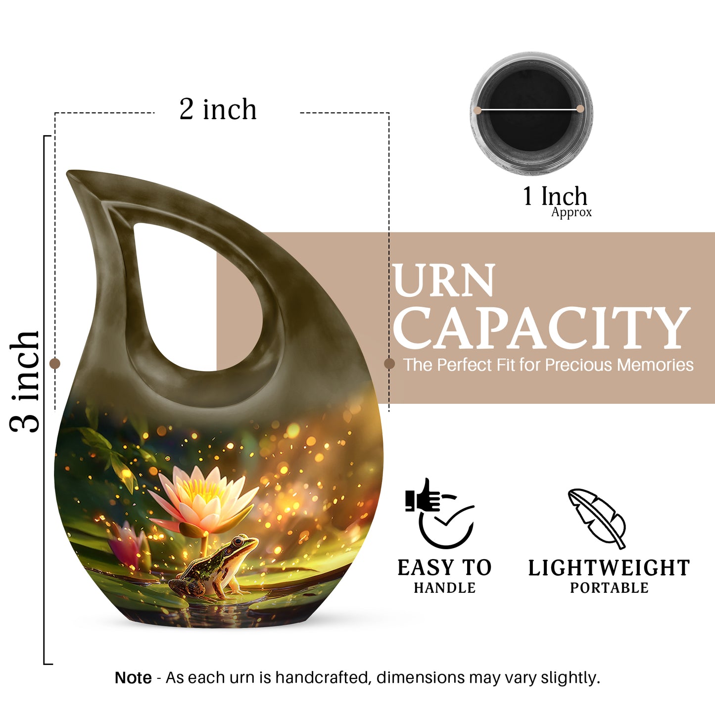 Harvest Gold Frog Cremation Urn back view with polished surface - faith-inspired cross-drop urn with frog pattern - mini keepsake memorial for portion of cremation ashes