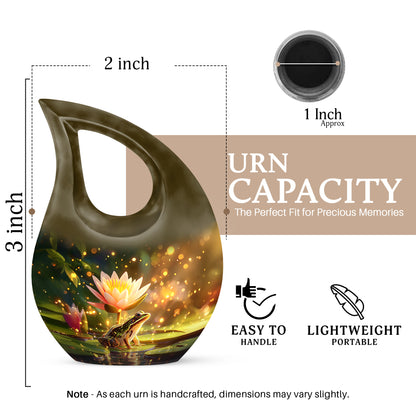 Harvest Gold Frog Cremation Urn back view with polished surface - faith-inspired cross-drop urn with frog pattern - mini keepsake memorial for portion of cremation ashes