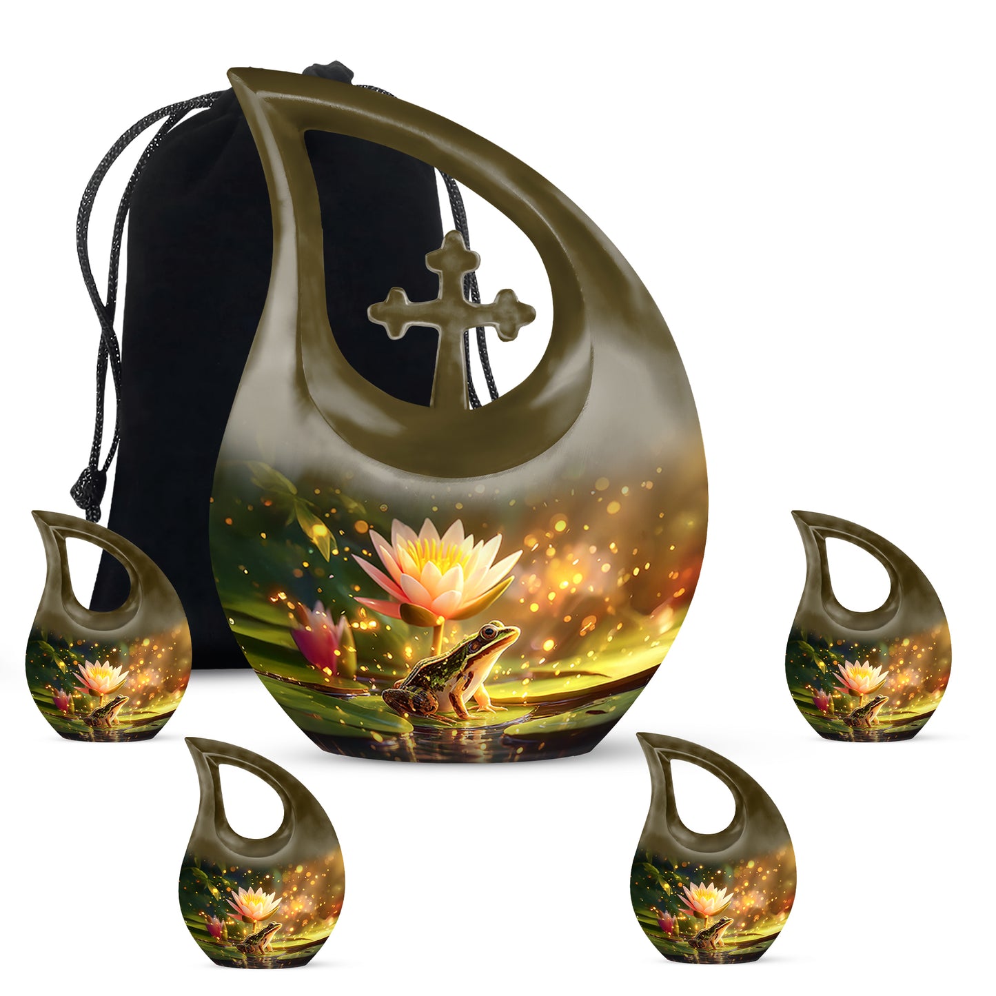 Sunrise Gold Frog Cremation Urn urn with complimentary velvet bag - cross and frog combined in spiritual memorial design - memorial set with one large and four small urns