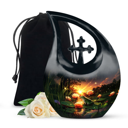 Slate Blue Frog Cremation Urn top-down view of secure threaded lid - cross and frog combined in spiritual memorial design - full-size 10 inch 200 cubic inch adult cremation urn