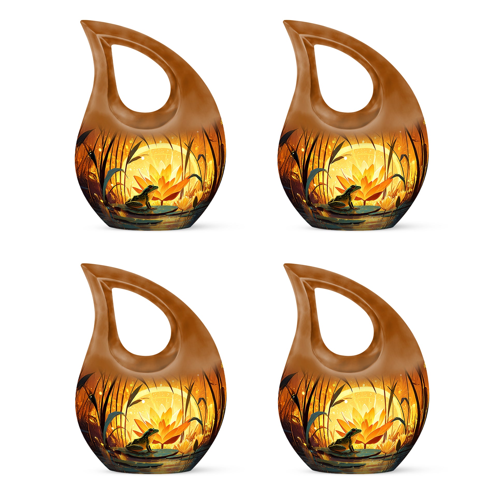 Amber Gold Frog Cremation Urn lifestyle display on memorial shelf - sacred cross merged with frog motif on metal - 10 inch aluminum urn for cremated remains