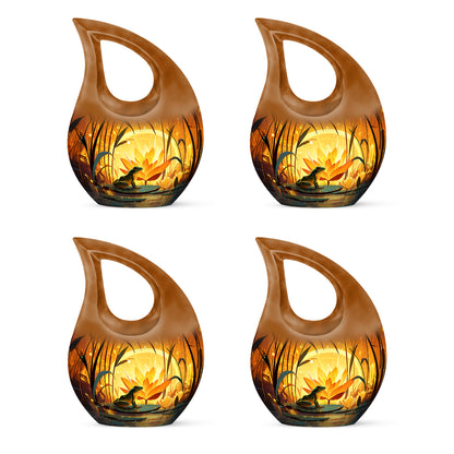 Amber Gold Frog Cremation Urn lifestyle display on memorial shelf - sacred cross merged with frog motif on metal - 10 inch aluminum urn for cremated remains