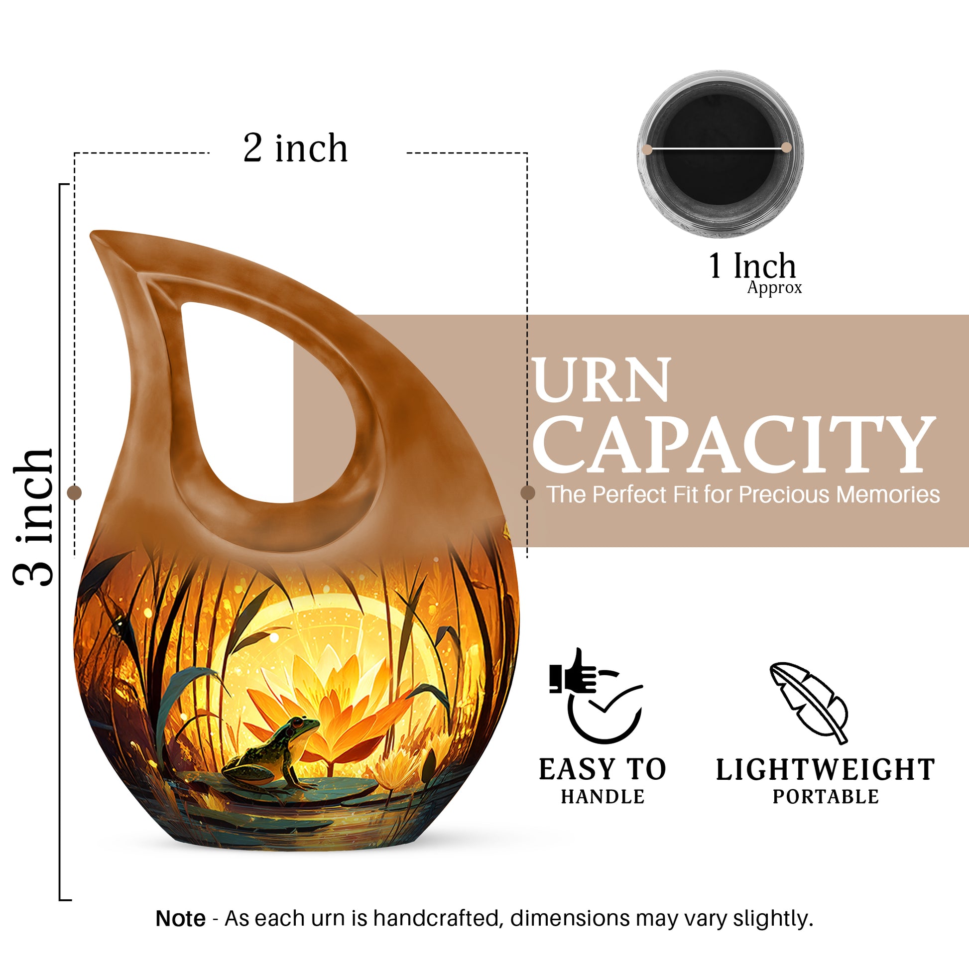 Harvest Gold Frog Cremation Urn back view with polished surface - devotional cross-drop frog engraving - mini keepsake memorial for portion of cremation ashes