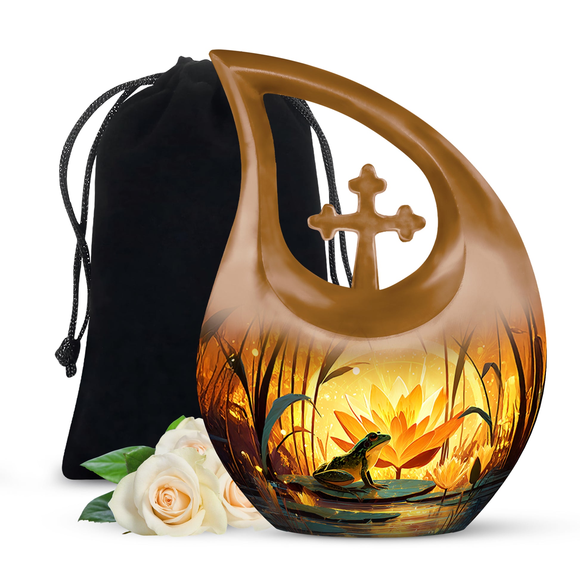 Champagne Gold Frog Cremation Urn top-down view of secure threaded lid - cross and frog combined in spiritual memorial design - full-size 10 inch 200 cubic inch adult cremation urn