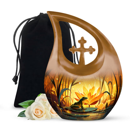 Champagne Gold Frog Cremation Urn top-down view of secure threaded lid - cross and frog combined in spiritual memorial design - full-size 10 inch 200 cubic inch adult cremation urn