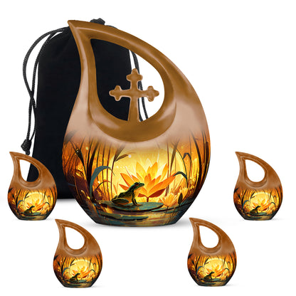 Sunrise Gold Frog Cremation Urn urn with complimentary velvet bag - sacred cross merged with frog motif on metal - memorial set with one large and four small urns