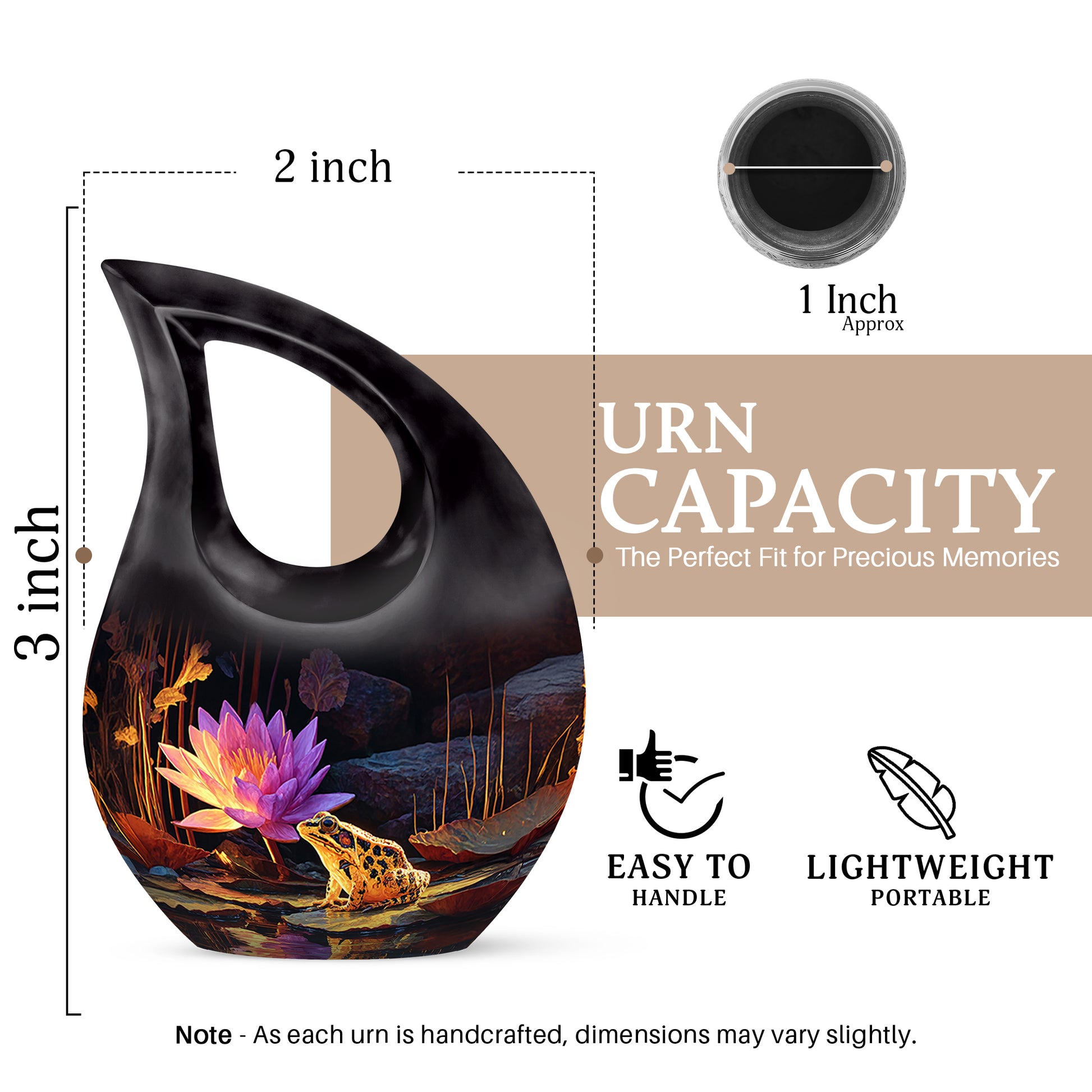 Rich Black Frog Cremation Urn back view with polished surface - cross and frog combined in spiritual memorial design - mini keepsake memorial for portion of cremation ashes
