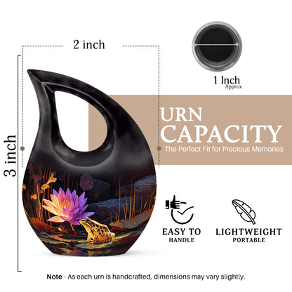 Rich Black Frog Cremation Urn back view with polished surface - cross and frog combined in spiritual memorial design - mini keepsake memorial for portion of cremation ashes