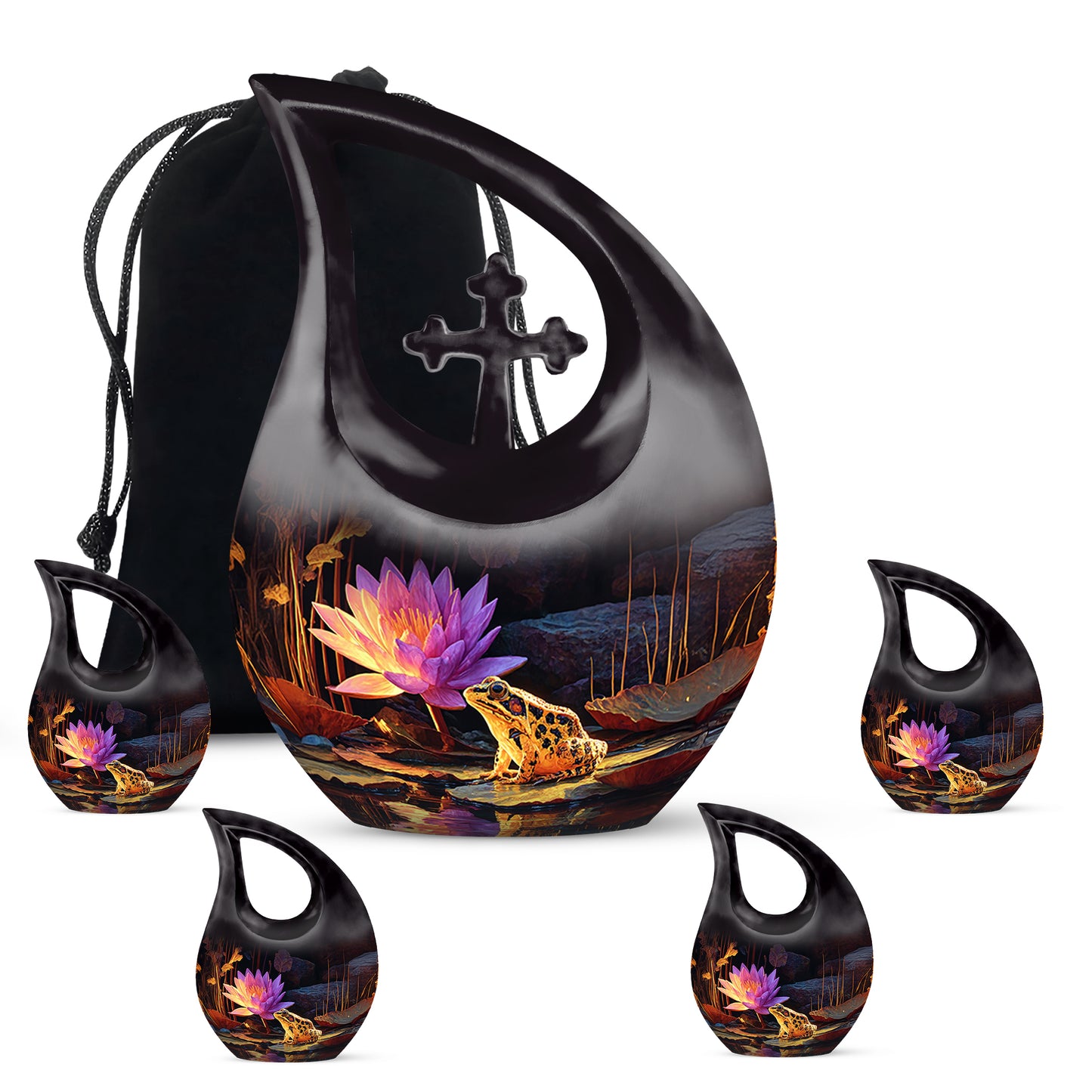 Obsidian Black Frog Cremation Urn urn with complimentary velvet bag - devotional cross-drop frog engraving - memorial set with one large and four small urns
