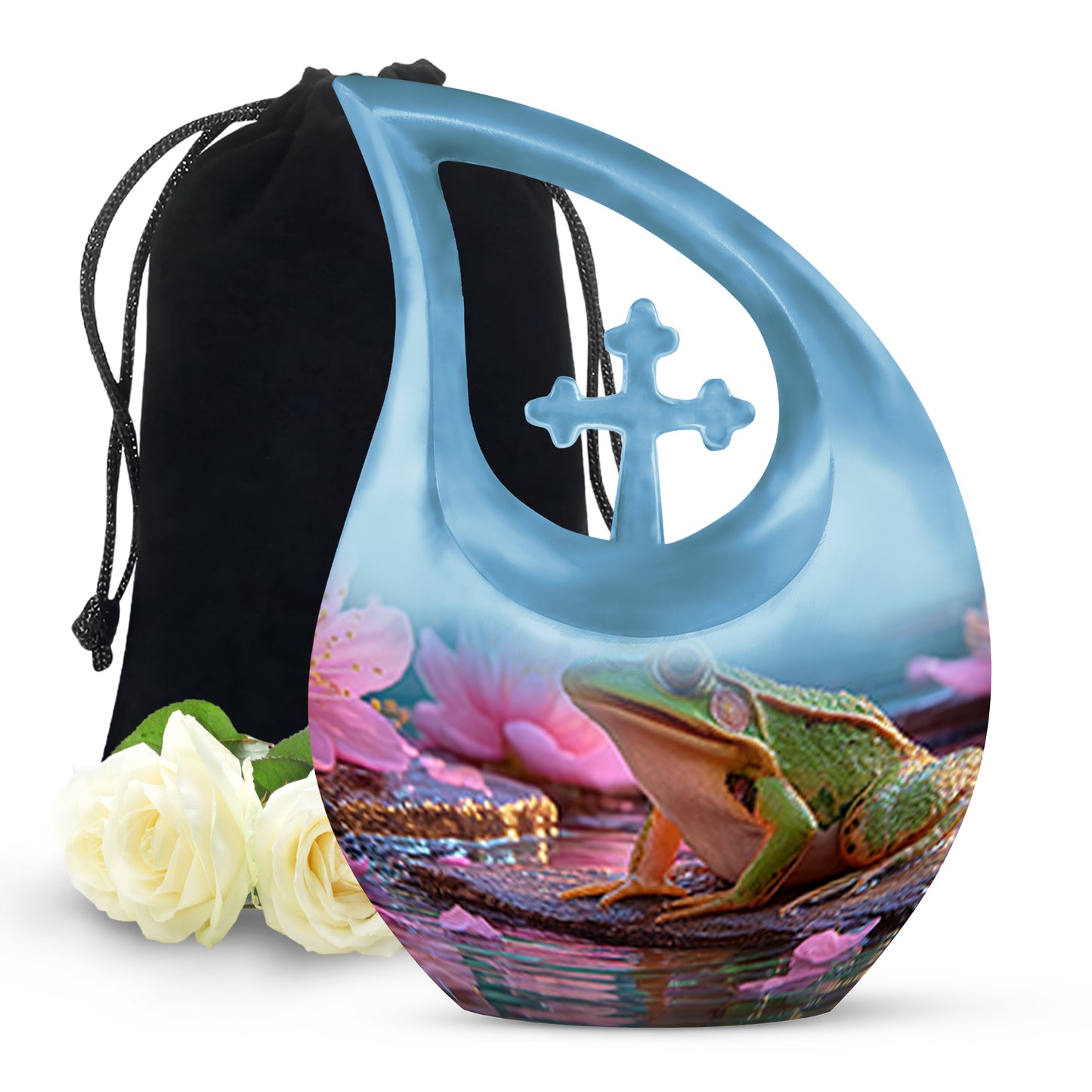 Cherry Red Frog Cremation Urn top-down view of secure threaded lid - devotional cross-drop frog engraving - full-size 10 inch 200 cubic inch adult cremation urn