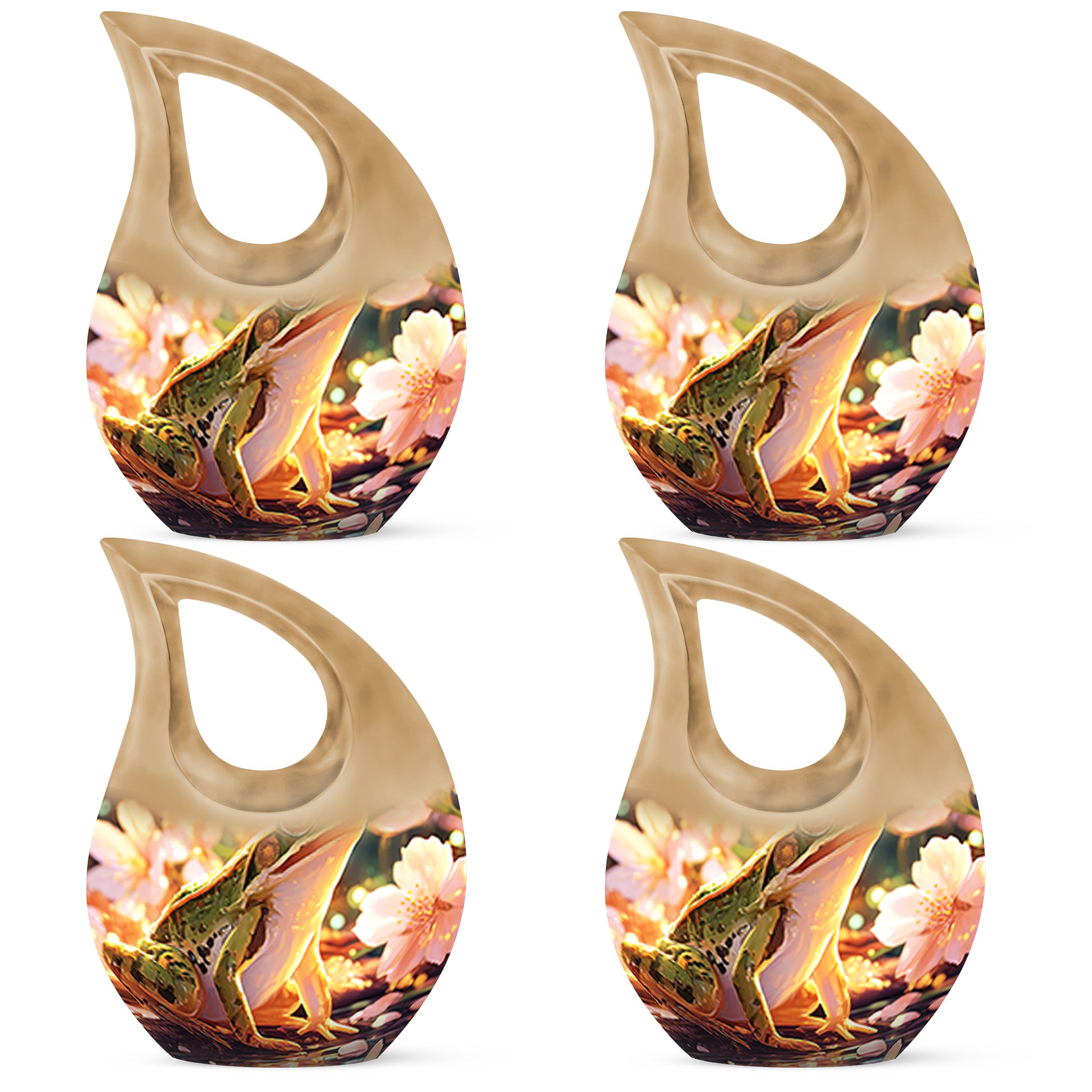 Champagne Gold Frog Cremation Urn lifestyle display on memorial shelf - cross and frog combined in spiritual memorial design - 10 inch aluminum urn for cremated remains
