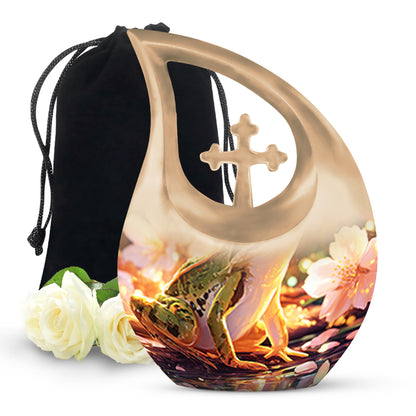 Warm Gold Frog Cremation Urn top-down view of secure threaded lid - faith-inspired cross-drop urn with frog pattern - full-size 10 inch 200 cubic inch adult cremation urn