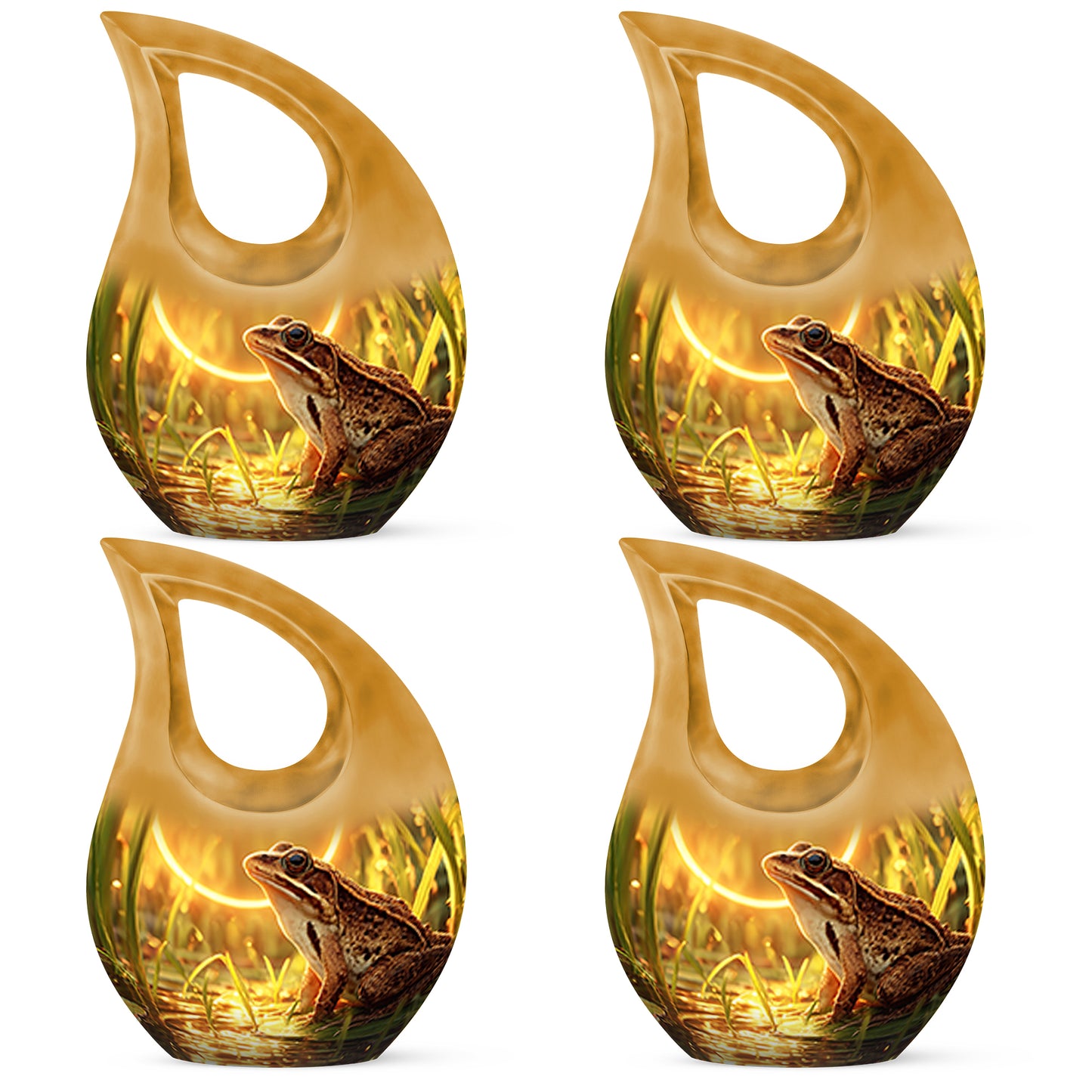Amber Gold Frog Cremation Urn lifestyle display on memorial shelf - cross and frog combined in spiritual memorial design - 10 inch aluminum urn for cremated remains