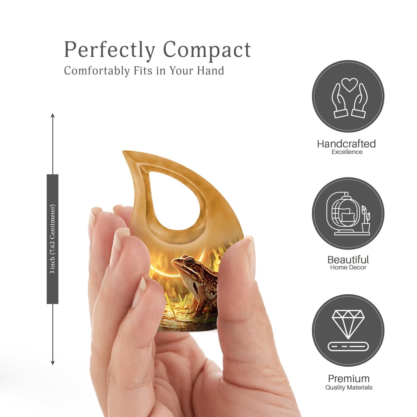 Burnished Gold Frog Cremation Urn back view with polished surface - devotional cross-drop frog engraving - mini keepsake memorial for portion of cremation ashes