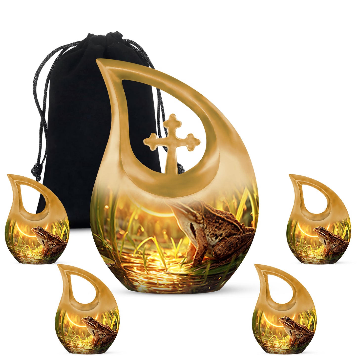 Matte Gold Frog Cremation Urn urn with complimentary velvet bag - devotional cross-drop frog engraving - memorial set with one large and four small urns