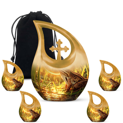 Matte Gold Frog Cremation Urn urn with complimentary velvet bag - devotional cross-drop frog engraving - memorial set with one large and four small urns
