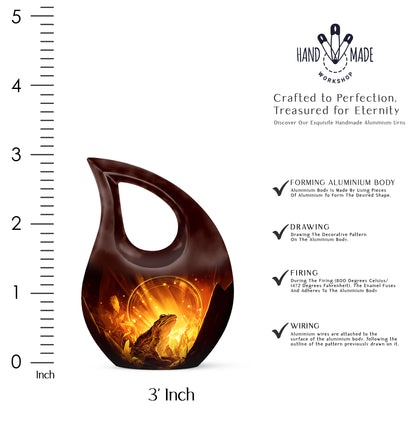 Champagne Gold Frog Cremation Urn back view with polished surface - cross and frog combined in spiritual memorial design - mini keepsake memorial for portion of cremation ashes