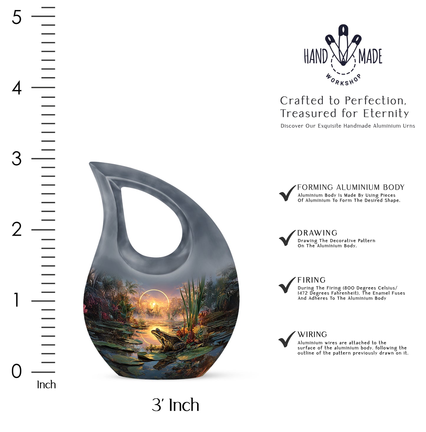 Ash Gray Frog Cremation Urn back view with polished surface - faith-inspired cross-drop urn with frog pattern - mini keepsake memorial for portion of cremation ashes