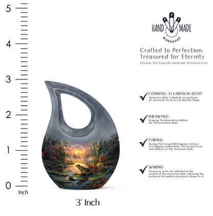Ash Gray Frog Cremation Urn back view with polished surface - faith-inspired cross-drop urn with frog pattern - mini keepsake memorial for portion of cremation ashes