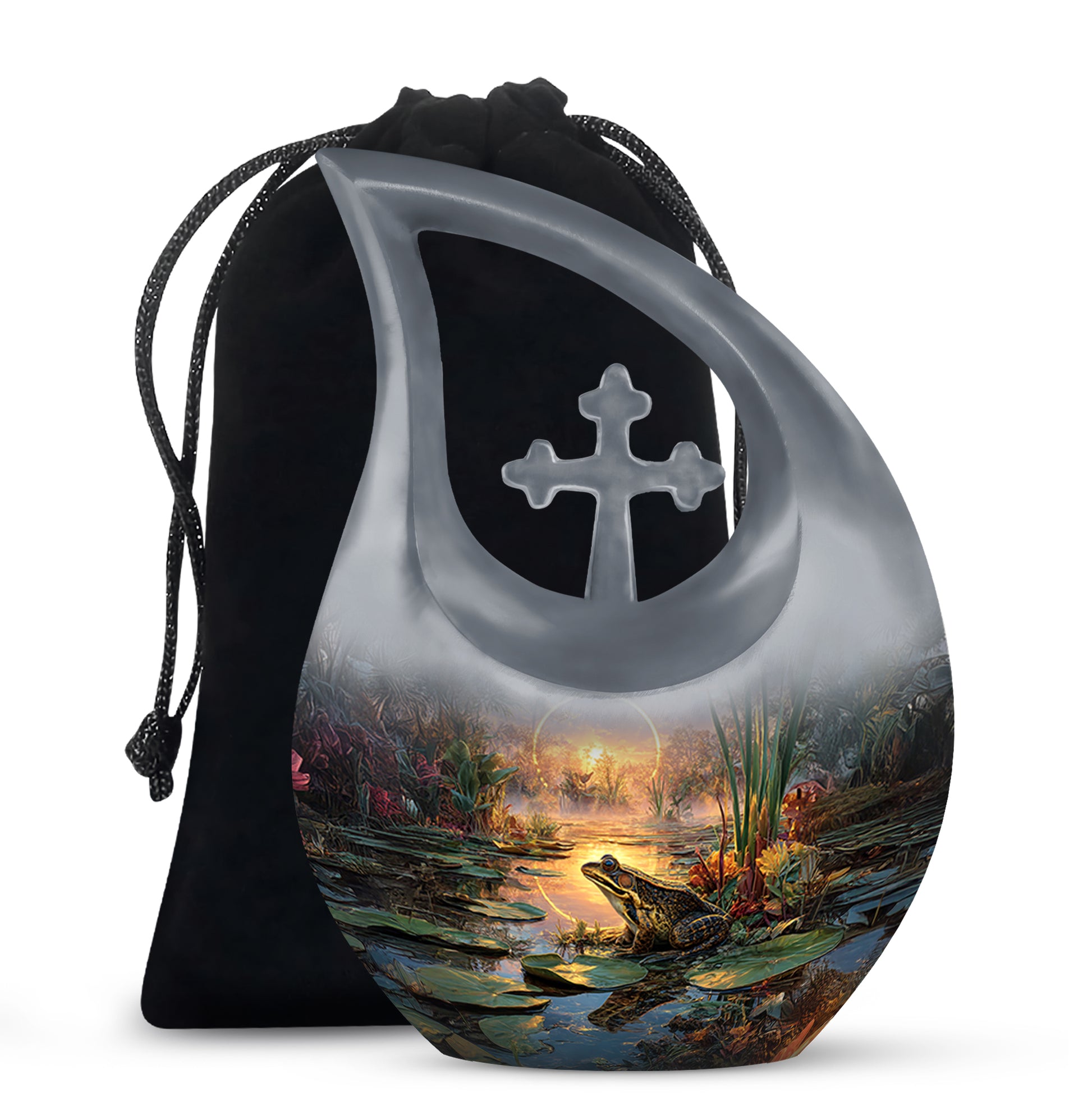 Charcoal Gray Frog Cremation Urn top-down view of secure threaded lid - sacred cross merged with frog motif on metal - full-size 10 inch 200 cubic inch adult cremation urn