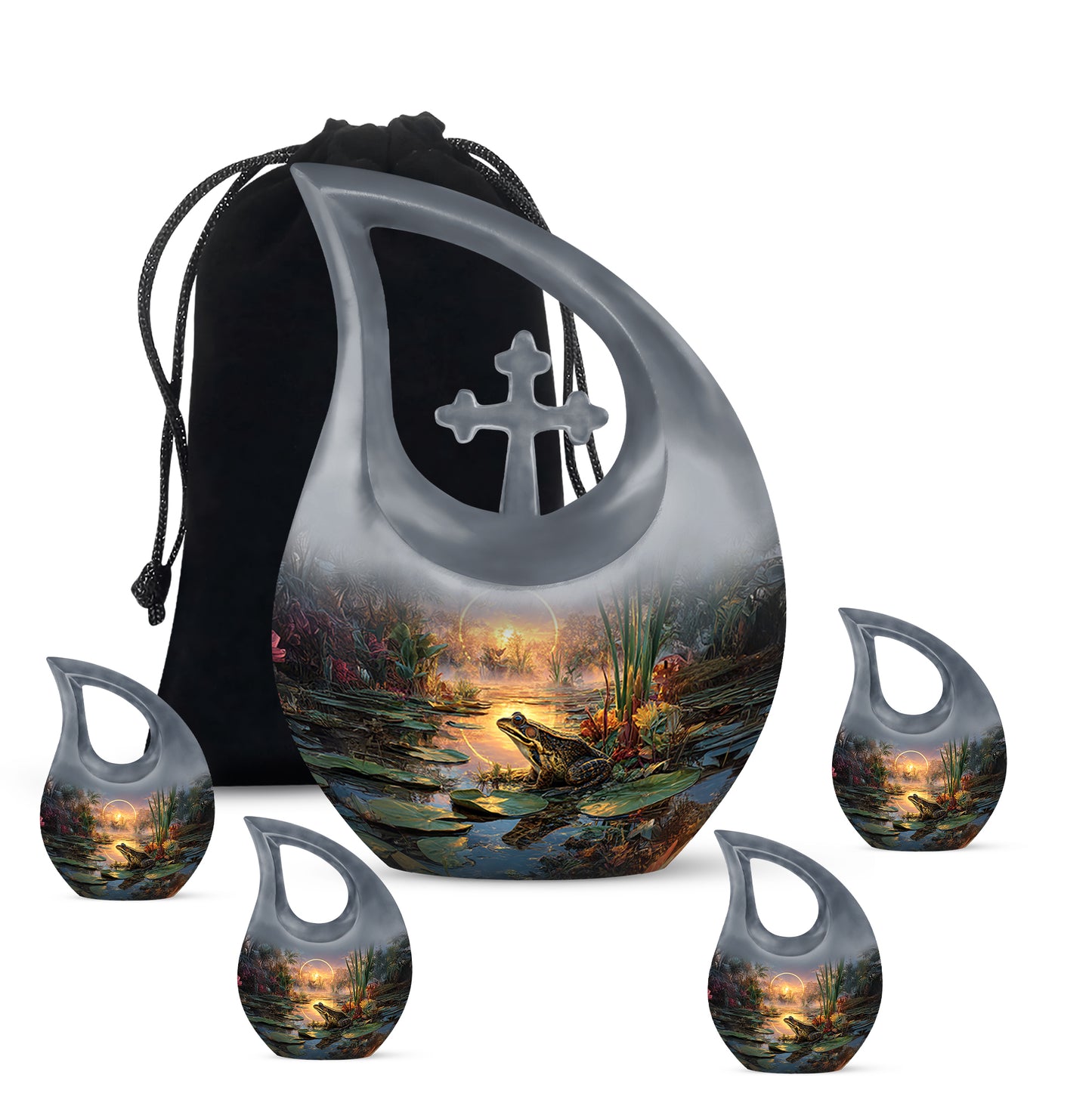Slate Gray Frog Cremation Urn urn with complimentary velvet bag - faith-inspired cross-drop urn with frog pattern - memorial set with one large and four small urns