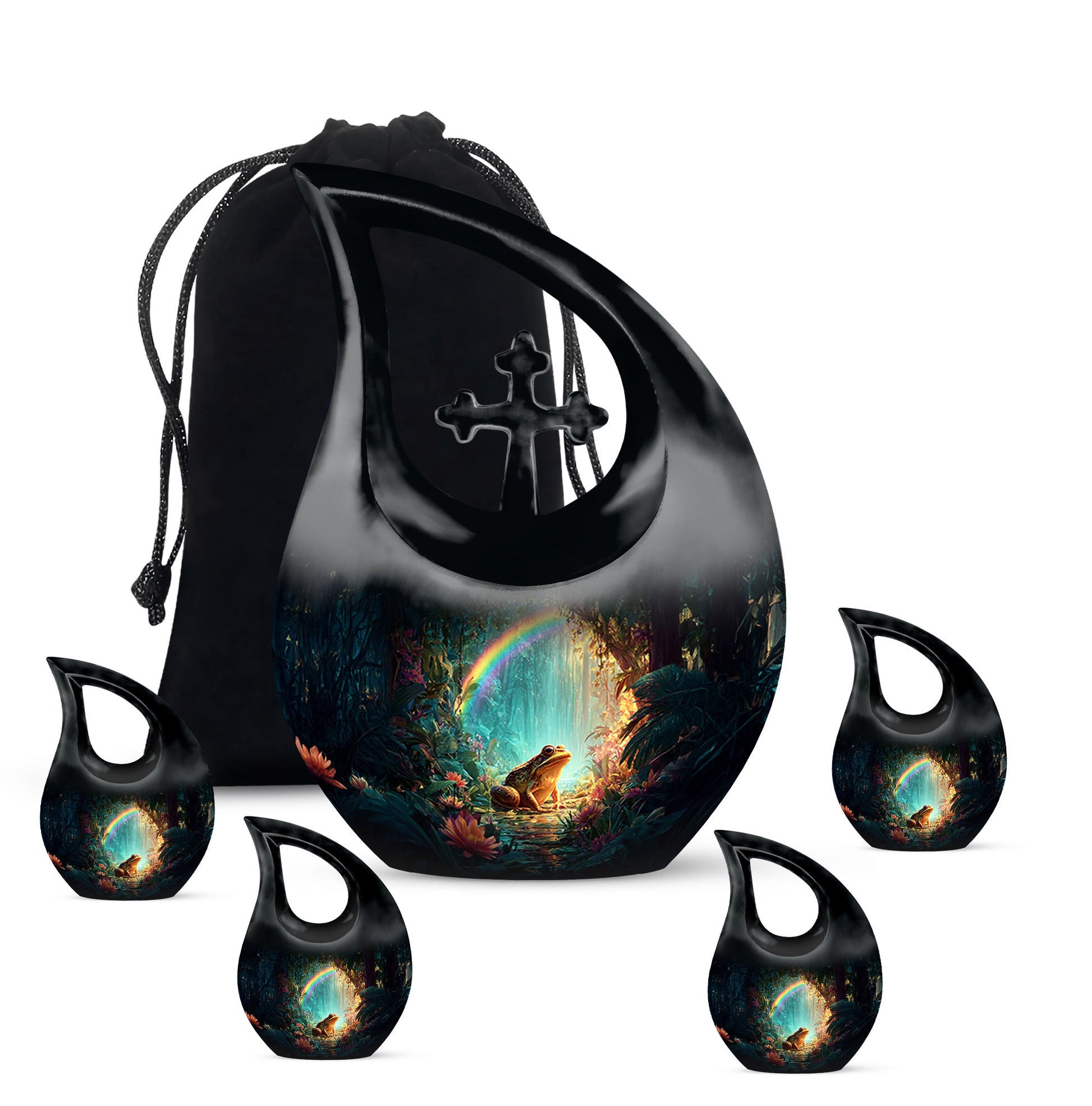 Midnight Black Frog Cremation Urn urn with complimentary velvet bag - faith-inspired cross-drop urn with frog pattern - memorial set with one large and four small urns