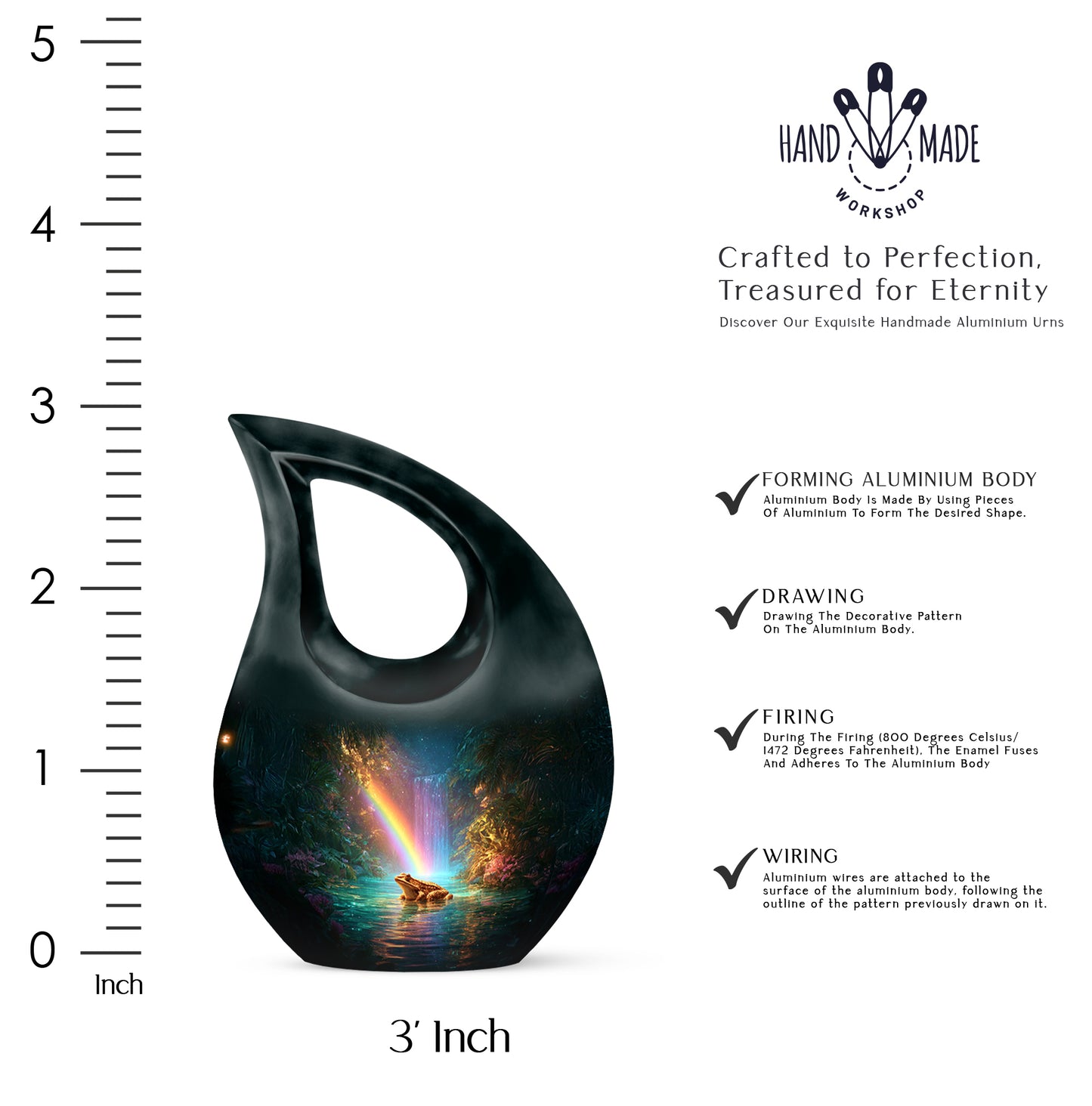 Tropical Teal Frog Cremation Urn back view with polished surface - faith-inspired cross-drop urn with frog pattern - mini keepsake memorial for portion of cremation ashes