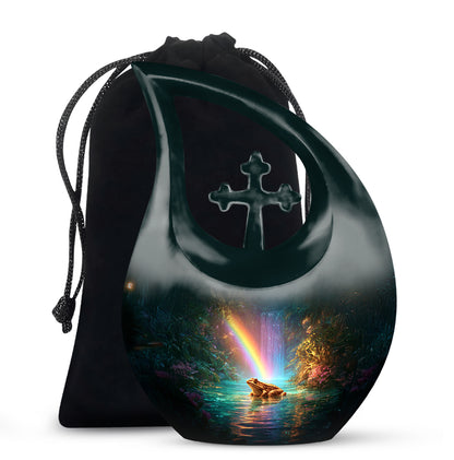 Tropical Teal Frog Cremation Urn top-down view of secure threaded lid - faith-inspired cross-drop urn with frog pattern - full-size 10 inch 200 cubic inch adult cremation urn