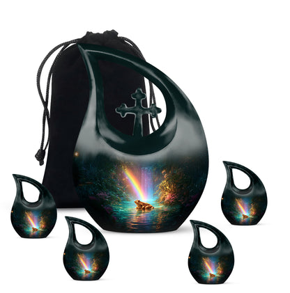 Aqua Teal Frog Cremation Urn urn with complimentary velvet bag - faith-inspired cross-drop urn with frog pattern - memorial set with one large and four small urns