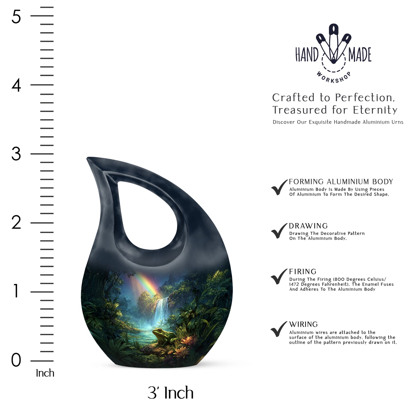 Bright Blue Frog Cremation Urn back view with polished surface - faith-inspired cross-drop urn with frog pattern - mini keepsake memorial for portion of cremation ashes
