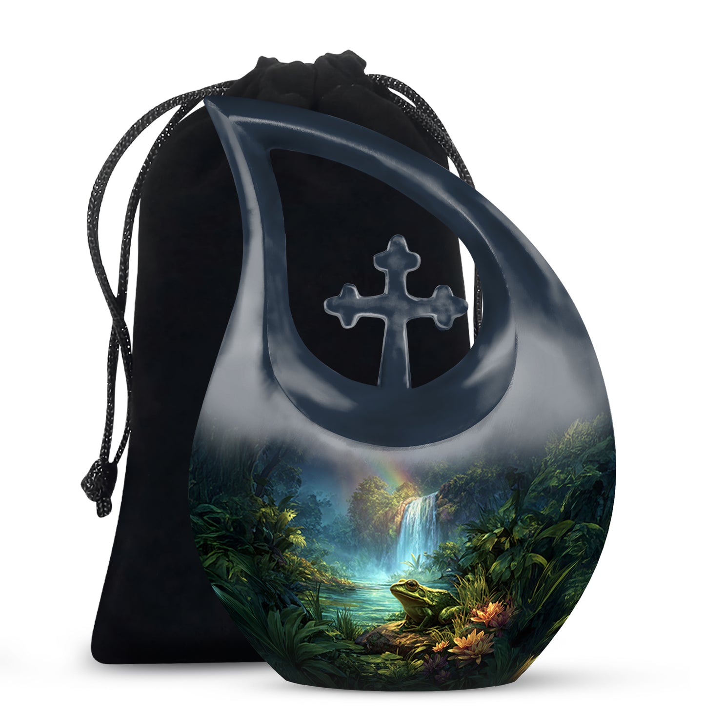 Celestial Blue Frog Cremation Urn top-down view of secure threaded lid - cross and frog combined in spiritual memorial design - full-size 10 inch 200 cubic inch adult cremation urn
