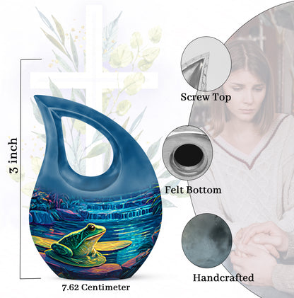 Storm Gray Frog Cremation Urn back view with polished surface - faith-inspired cross-drop urn with frog pattern - mini keepsake memorial for portion of cremation ashes
