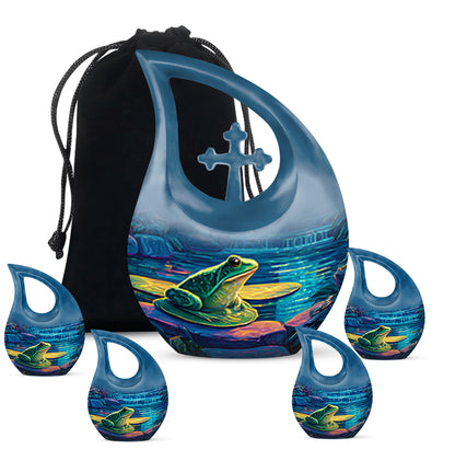 Charcoal Gray Frog Cremation Urn urn with complimentary velvet bag - sacred cross merged with frog motif on metal - memorial set with one large and four small urns