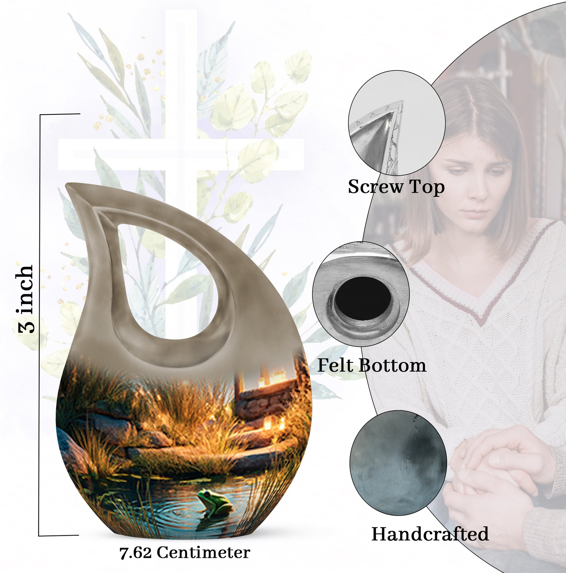 Soft Blue Frog Cremation Urn back view with polished surface - faith-inspired cross-drop urn with frog pattern - mini keepsake memorial for portion of cremation ashes