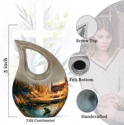 Soft Blue Frog Cremation Urn back view with polished surface - faith-inspired cross-drop urn with frog pattern - mini keepsake memorial for portion of cremation ashes