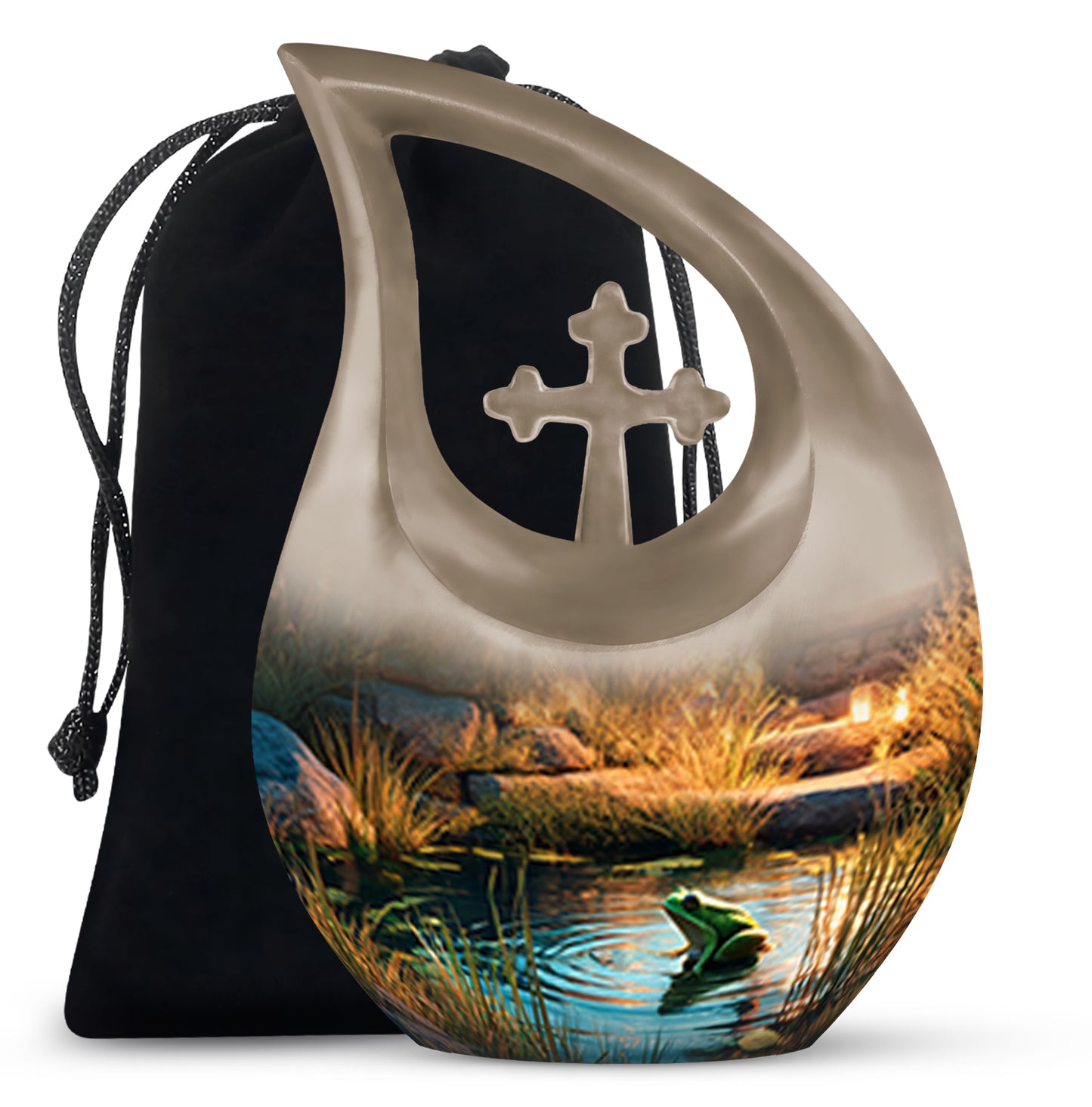Twilight Blue Frog Cremation Urn top-down view of secure threaded lid - devotional cross-drop frog engraving - full-size 10 inch 200 cubic inch adult cremation urn