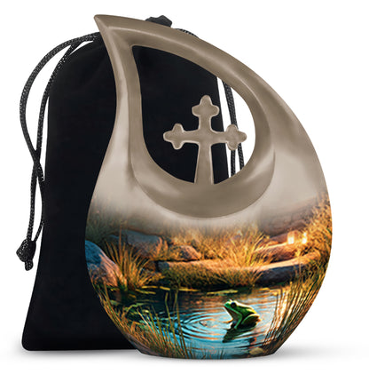 Twilight Blue Frog Cremation Urn top-down view of secure threaded lid - devotional cross-drop frog engraving - full-size 10 inch 200 cubic inch adult cremation urn