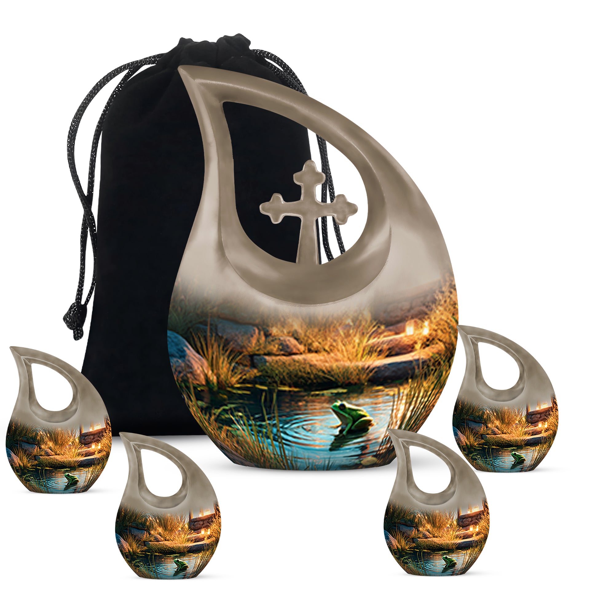 Navy Blue Frog Cremation Urn urn with complimentary velvet bag - sacred cross merged with frog motif on metal - memorial set with one large and four small urns