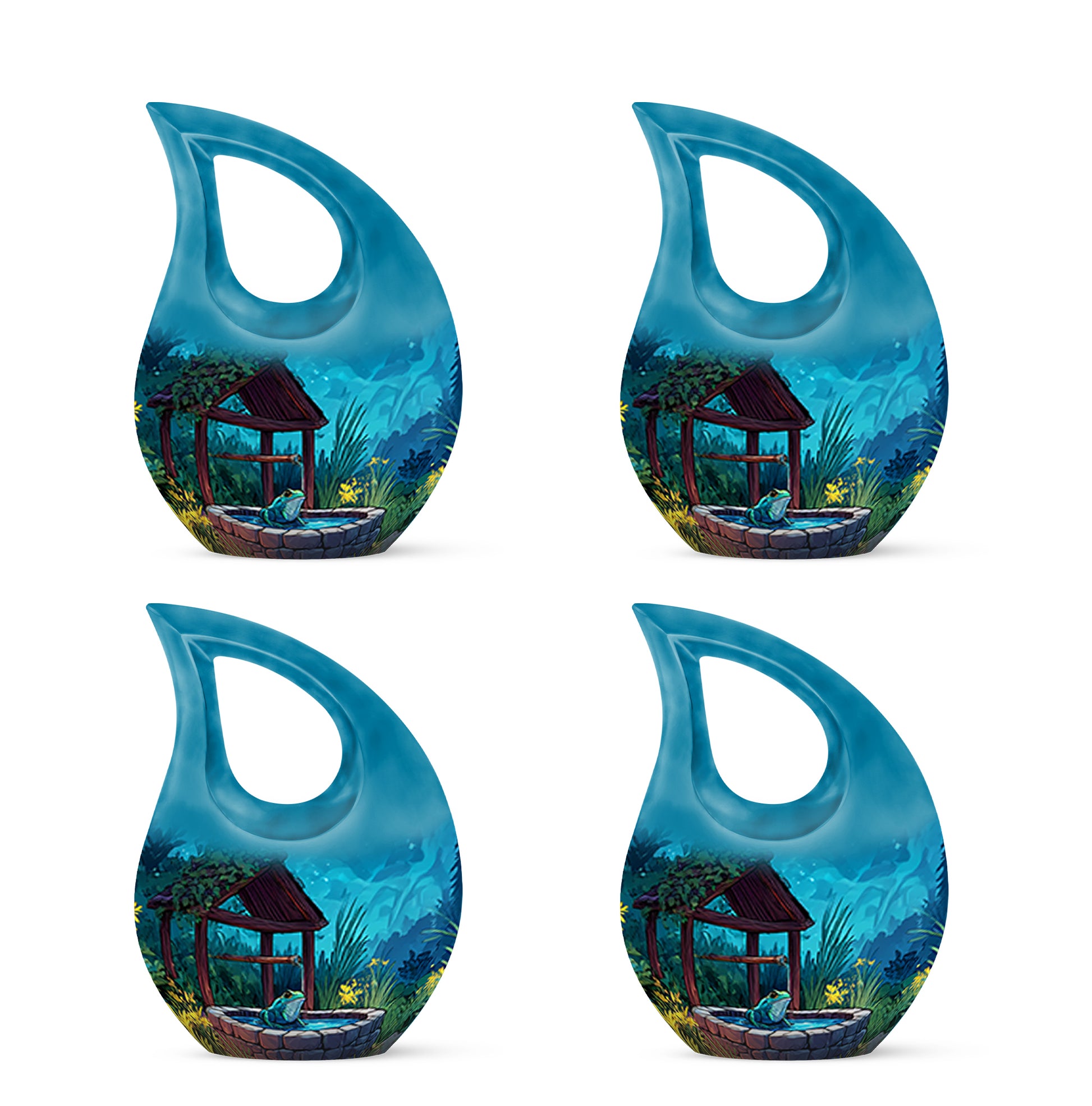 Slate Blue Frog Cremation Urn lifestyle display on memorial shelf - cross and frog combined in spiritual memorial design - 10 inch aluminum urn for cremated remains
