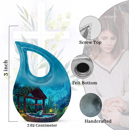 Slate Blue Frog Cremation Urn back view with polished surface - cross and frog combined in spiritual memorial design - mini keepsake memorial for portion of cremation ashes