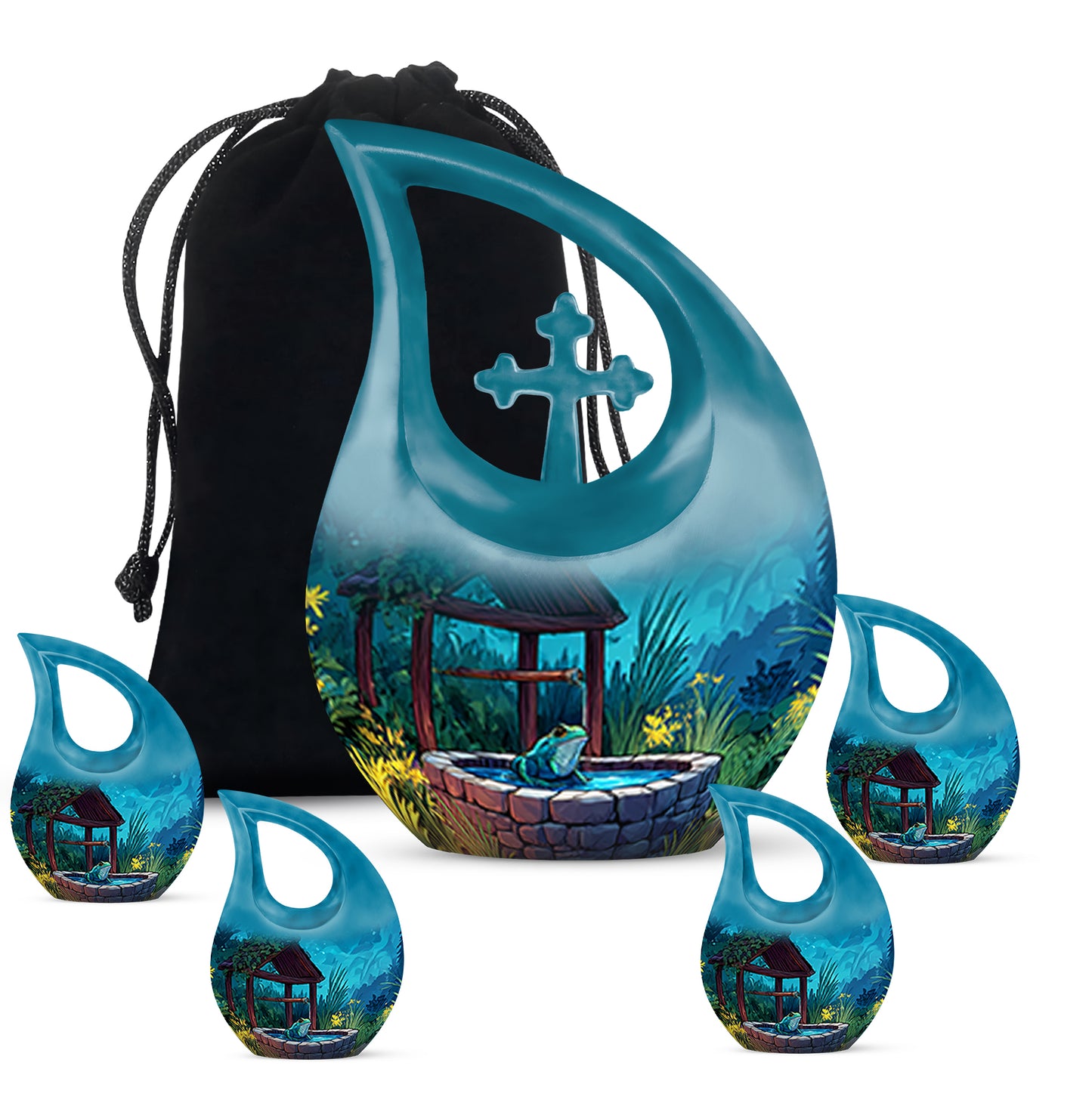 Calming Blue Frog Cremation Urn urn with complimentary velvet bag - devotional cross-drop frog engraving - memorial set with one large and four small urns