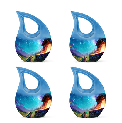 Vivid Blue Frog Cremation Urn lifestyle display on memorial shelf - devotional cross-drop frog engraving - 10 inch aluminum urn for cremated remains