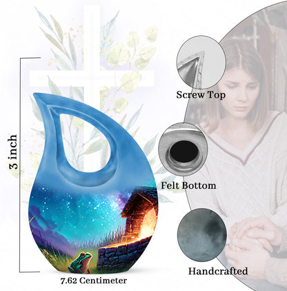 Sky Blue Frog Cremation Urn back view with polished surface - cross and frog combined in spiritual memorial design - mini keepsake memorial for portion of cremation ashes
